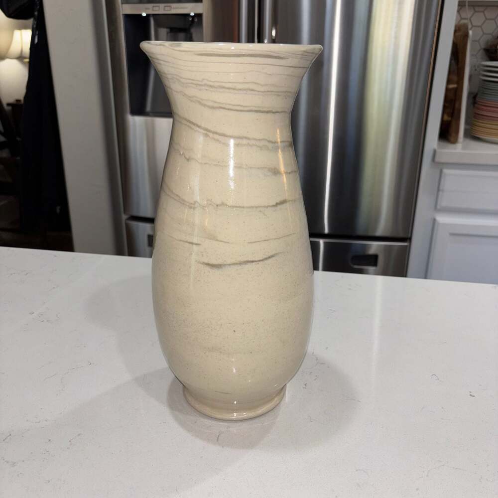 Vintage Rowantree Pottery Hand-Thrown Cream and Grey Swirl Ceramic Vase
